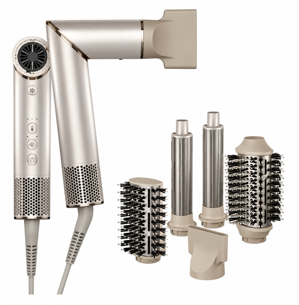 Kit completo do secador modelador 4 em 1 com os cinco acessórios