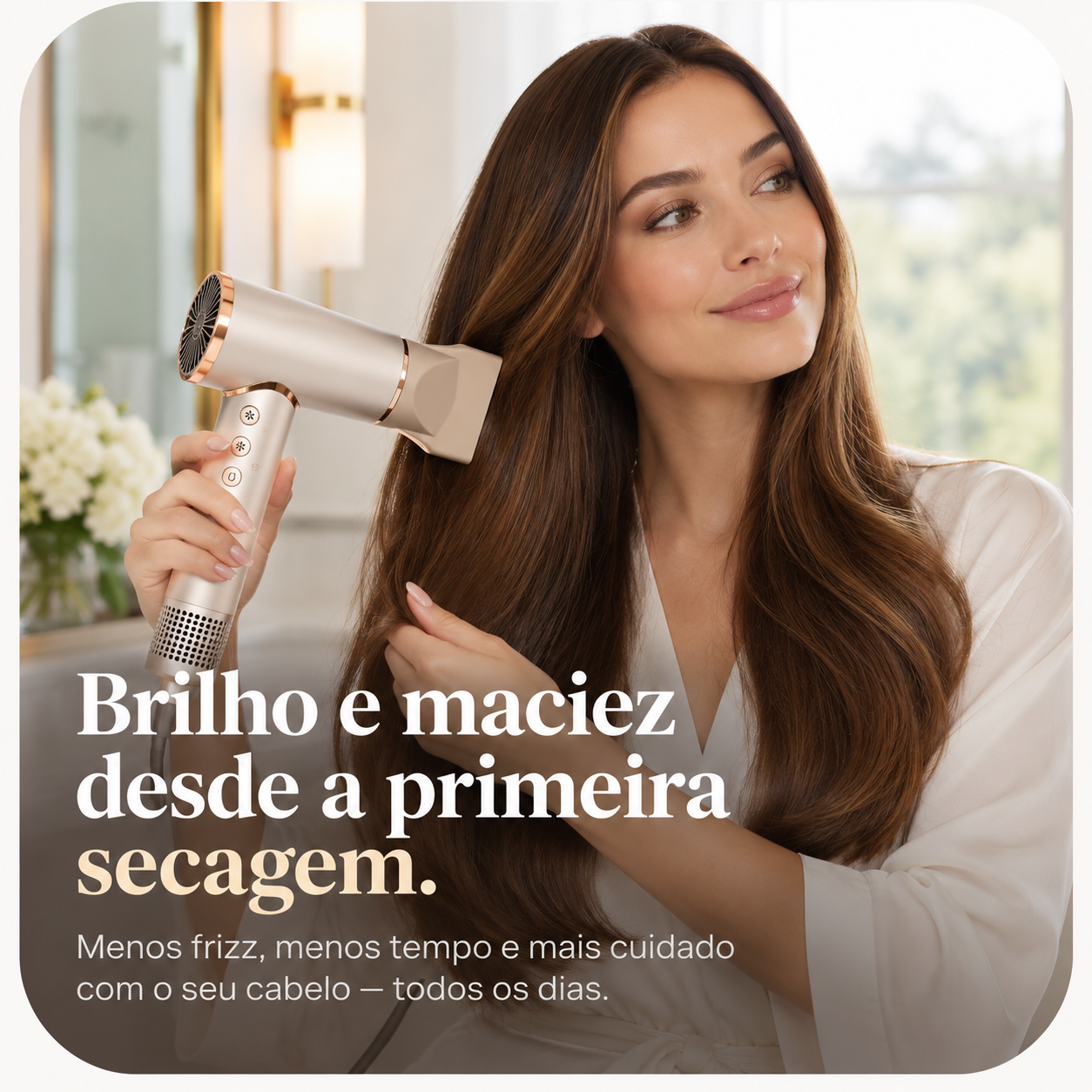 Mulher secando o cabelo com o secador PSC3500: brilho e maciez desde a primeira secagem