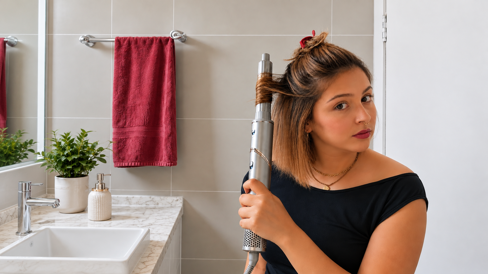 Cabelo sendo modelado mecha a mecha com o acessório cilindro