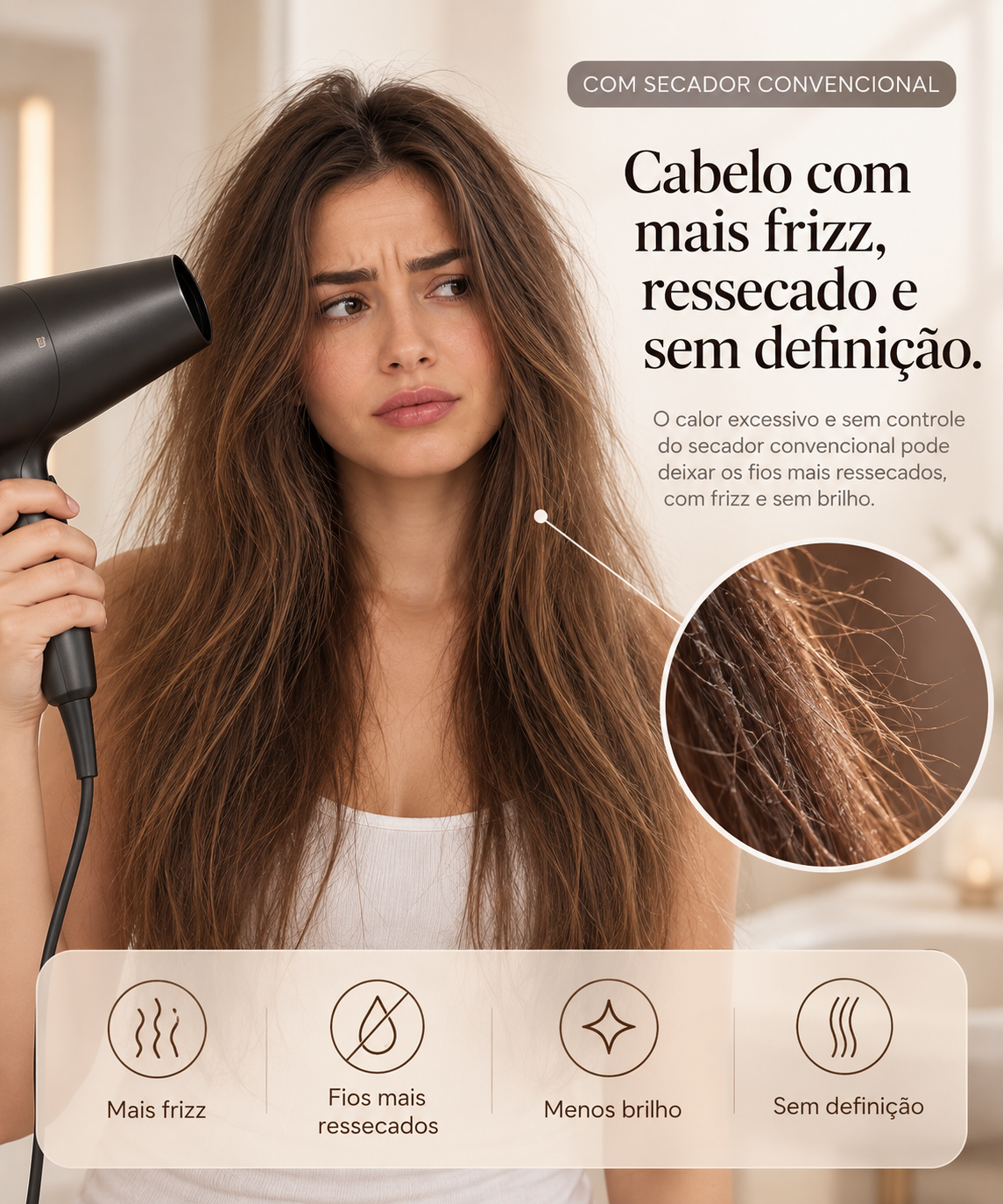 Antes: cabelo com frizz com secador convencional