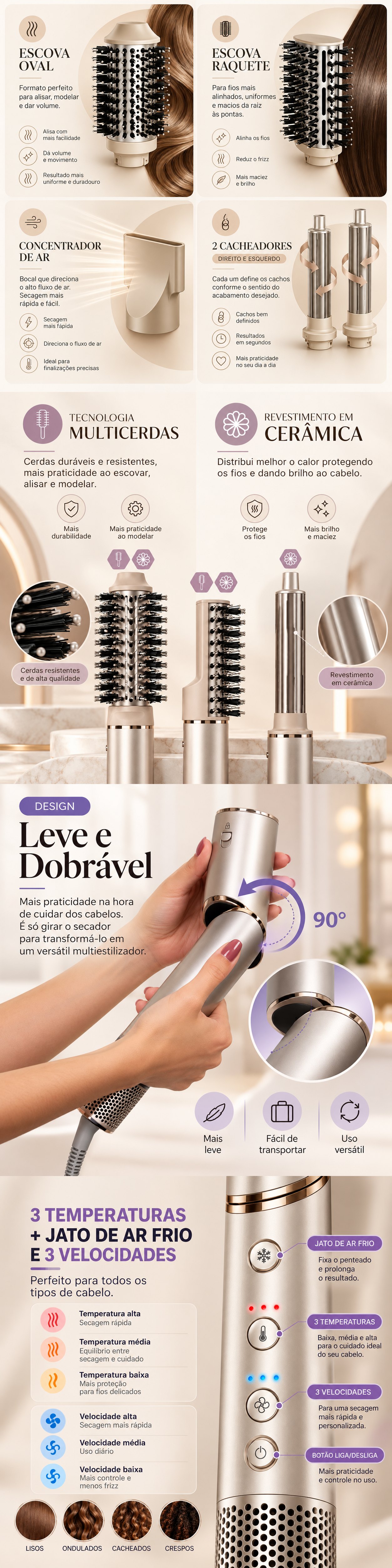 Ponteiras escova oval, escova raquete, concentrador de ar e dois cacheadores; tecnologia multicerdas e revestimento em cerâmica; design leve e dobrável em 90 graus; 3 temperaturas com jato de ar frio e 3 velocidades para cabelos lisos, ondulados, cacheados e crespos