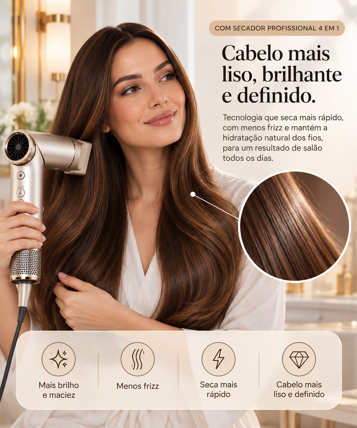 Depois: cabelo liso e brilhante com secador profissional 4 em 1