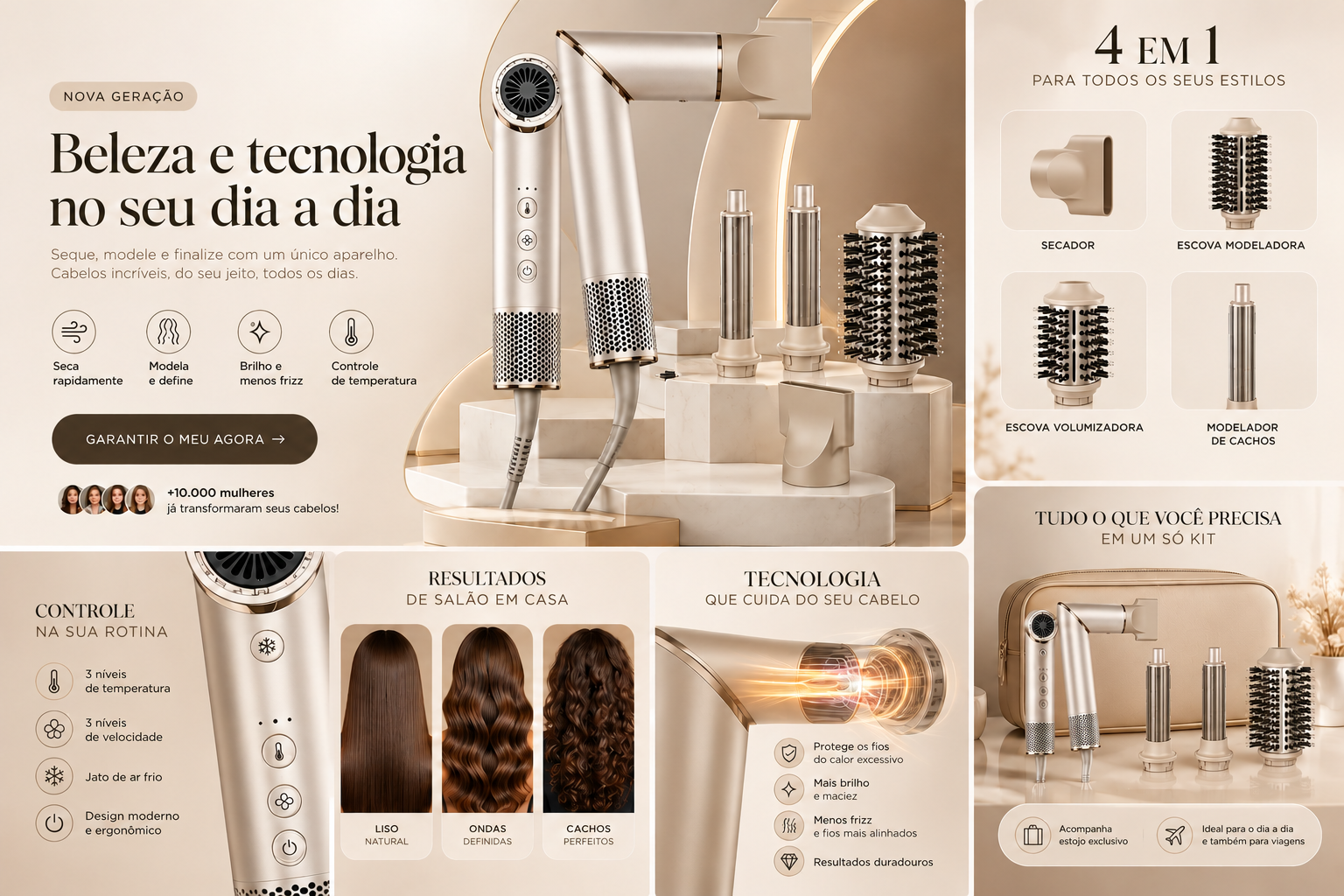 Kit 4 em 1: secador dobrável, quatro ponteiras, controle de temperatura, resultados liso, ondas e cachos, tecnologia de proteção térmica e estojo exclusivo